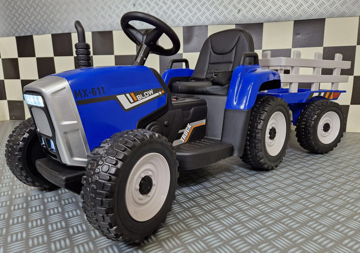 Elektrische speelgoedtractor 12 volt met aanhanger en afstandsbediening, blauw