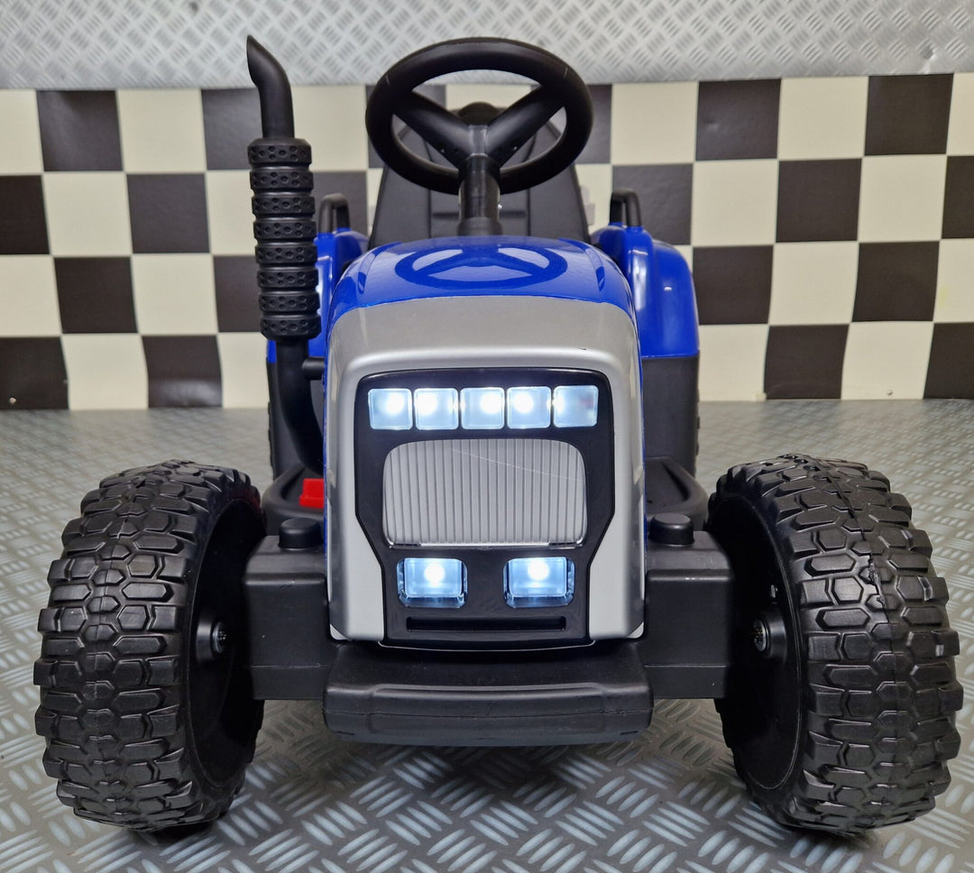 Elektrische speelgoedtractor 12 volt met aanhanger en afstandsbediening, blauw