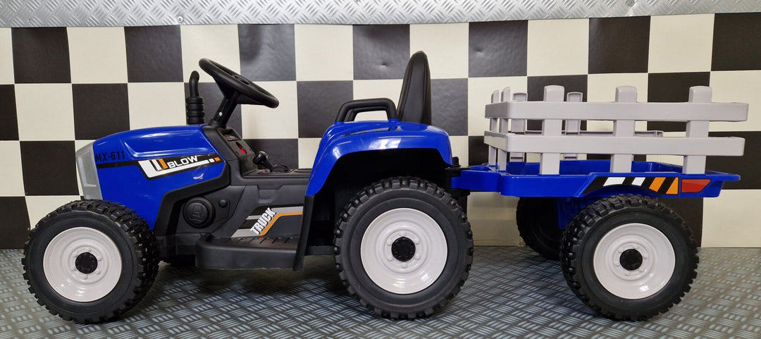 Elektrische speelgoedtractor 12 volt met aanhanger en afstandsbediening, blauw