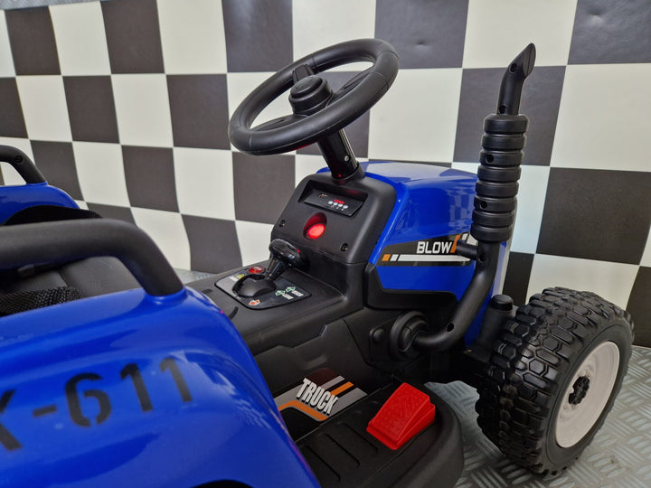 Elektrische speelgoedtractor 12 volt met aanhanger en afstandsbediening, blauw