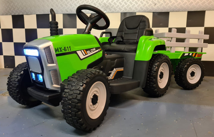 Kindertractor op accu 12 V met aanhanger en afstandsbediening, groen