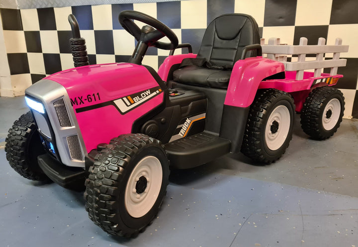 Roze kindertractor 12 volt met aanhanger