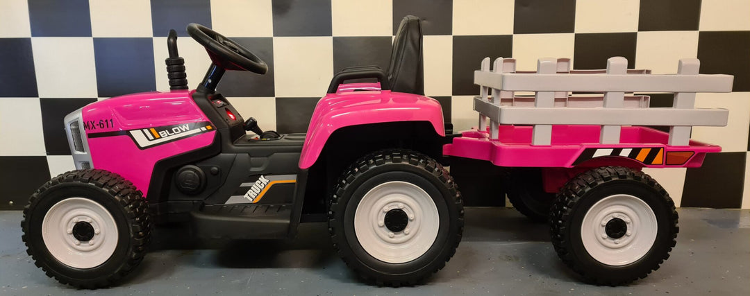 Roze kindertractor 12 volt met aanhanger